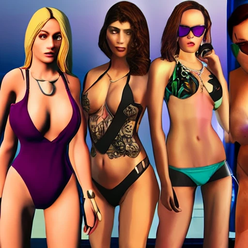 snthwve style:0.05, nvinkpunk:1.8, (GTA 5), Characters committing crimes, Detailed and Intricate, beautiful women in bikinis, big guns, gangsters wearing glasses, micro-details, extremely detailed, epic, ultra detailed, proportional, award-winning, clean, gorgeous, powerful, refreshing, beautiful lighting, trend on artstation, trend on pixiv, vivid, dynamic, intricate, high quality, detailed, lush, strong lines, Cartoon, 8k