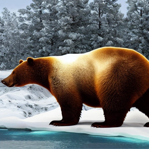 a big sleeping bear, with leather armor, in winter, snow covered, in a epic landscape with a stream, ultra detailed, hyper-realistic, 