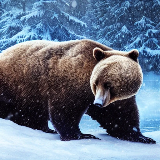 a big sleeping bear 
with leather armor, in winter, snow covered, in a epic landscape with a stream, ultra detailed, hyper-realistic, 