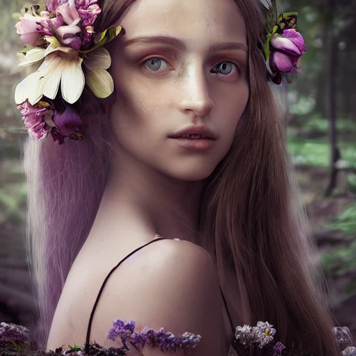 Portrait of beautiful girl, hyperrealistic, photograph, hyper detailed, high octane render + unreal render, 4K, volumetric light contrast, beautiful woman, human face, detailed eyes, medieval satin dress, long hair, sprite, elven ears, perfect iris, forest background, magic flower crown, iridescent, 3D