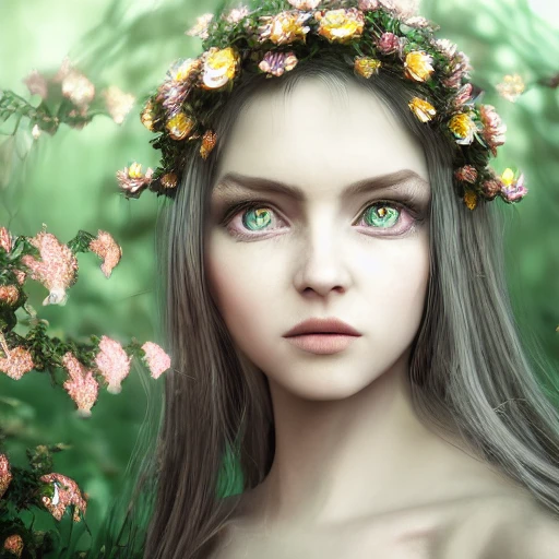 Portrait of beautiful girl, hyperrealistic, photograph, hyper detailed, high octane render + unreal render, 4K, volumetric light contrast, beautiful woman, human face, detailed eyes, medieval satin dress, long hair, sprite, elven ears, perfect iris, forest background, magic flower crown, iridescent, 3D