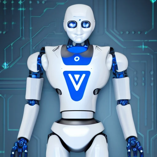full body shot of artificial intelligence character with logo Akash Network  on a chest