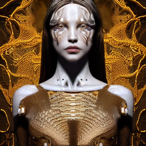 mdjrny-v4 style, symmetrical, intricate, centered 3d render super detailed beautiful porcelain and gold profile portrait woman, 150 mm, beautiful studio soft light, rim light, vibrant details, luxury zany, surreal, anatomy , Facial Muscles, Blade Runner Atmosphere, Elegance, Octane Rendering, HR Giger Style, 8k, Trippy, Trippy, Trippy, 3D, Pencil Sketch