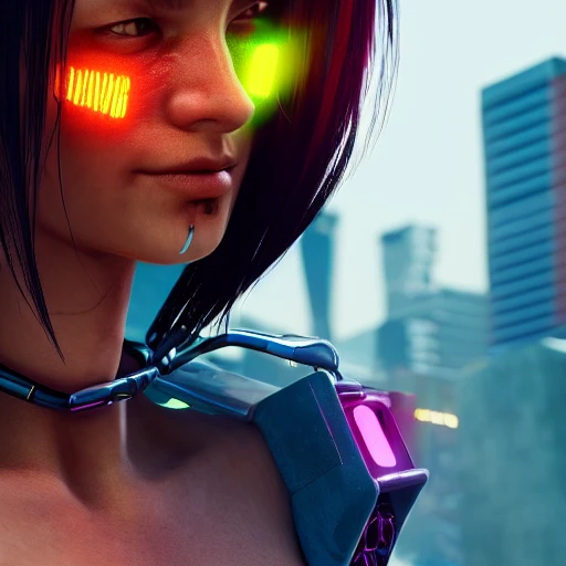 side close up portrait of 1 cyberpunk girl, detailed face, spotlight, cyberpunk city, wired, multicolored, vibrant high contrast, hyperrealistic, photografic, 8k, epic ambient light, octane render