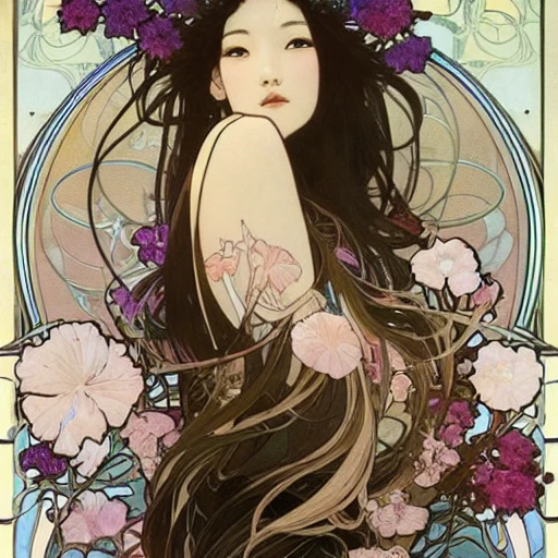 gorgeous japanese girl, art by alphonse mucha and greg rutkowski, fully digitally painted with inked lines, long flowing swirling hair, flowers, painted with colour on white, Award winning photo, beautiful kawaii lighting, flirting, seductive 