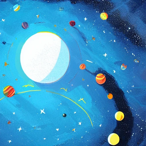 Single planet on the space, deep blue, paint, kids storybook style, colorful 2d, 8k, rocket, blue scale