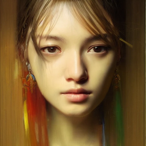 Night, highly detailed face, oil painting, Ruan Jia, beautiful woman, Japanese, 4K