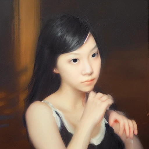 Ruan Jia, female student, night, high detail face, oil painting, black hair, young, cute, 4K, light and shadow, a Japanese classroom in the background