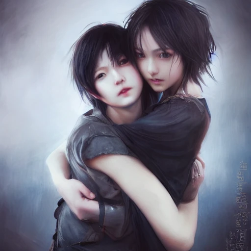 Ruan Jia, night, high-detail face, realism, black hair, young, cute, 4K, light and shadow, Japan, high-detail upper body, boy and girl hug