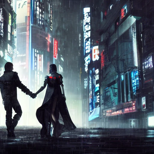 Cyberpunk, Ruan Jia, night, high detail faces, young man with black hair, beautiful woman with black hair, holding hands, 4K, light and shadow, a city with rain in the background