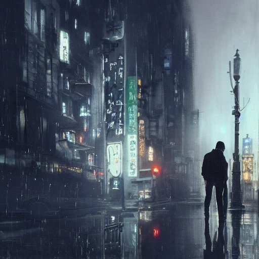 Ruan Jia, night, high detail face, young man with black hair, beautiful woman with black hair, holding hands, Japanese, 4K, light and shadow, a city with rain in the background