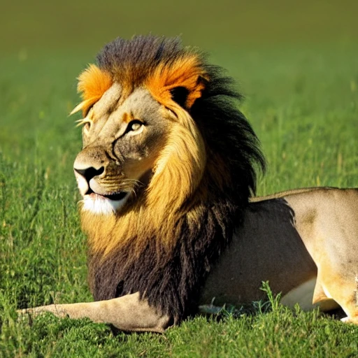 A lion sitting in an african field with a zebra in the background eating a patch of grass, 3D