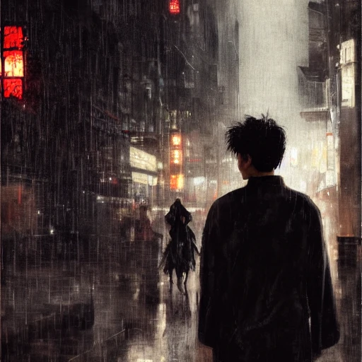 Ruan Jia, night, high detail face, young man with black hair, young beautiful woman with black hair, holding hands, Japanese, 4K, light and shadow, a city with rain in the background