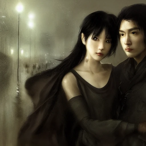 Ruan Jia, night, high detail face, young man with black hair, young beautiful woman with black hair, holding hands, Japanese, 4K, light and shadow, a city with rain in the background