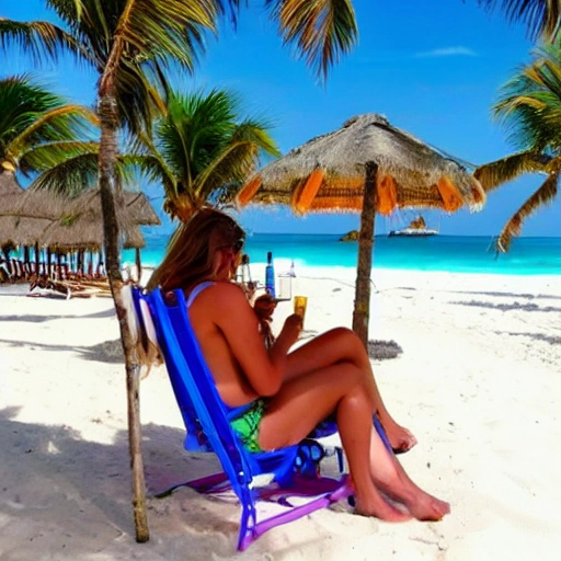 sitting on a beach chair with a beer in Akumal mexico