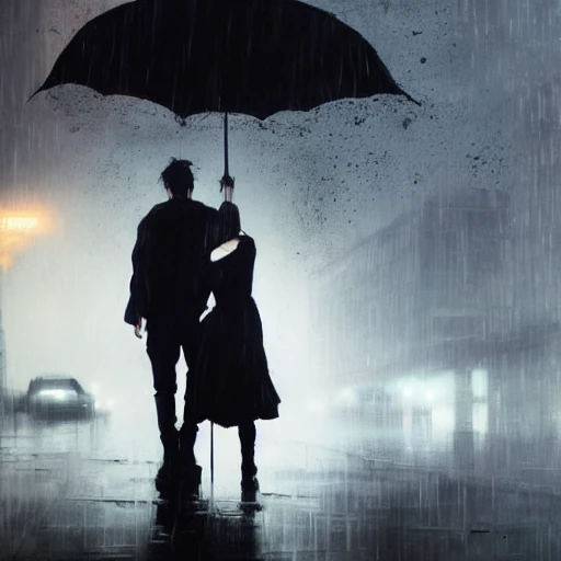 Ruan Jia, night, high detail face, young man with black hair, young beautiful woman with black hair, holding hands, Japanese, 4K, light and shadow, a city with rain in the background