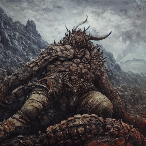 A monster in the mountains of hell on pile of skulls, oil painting by tomasz jedruszek, cinematic lighting, pen and ink, intricate line, Hd, 4 k, millions of likes, trending on artstation, high detailed, Lumen Global Illumination, Lord of the Rings, Game of Thrones, Hyper-Realistic, Hyper-Detailed, 8k, ultra sharp, detailed intricate insanely detailed, cinematic, octane render, shot on IMAX 70mm, high contrast, HDR,
