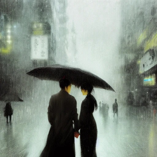 Ruan Jia, night, high detail face, young man with black hair, young beautiful woman with black hair, holding hands, Japanese, 4K, light and shadow, a city with rain in the background