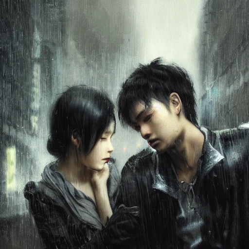 Ruan Jia, night, high detail face, young man with black hair, young beautiful woman with black hair, holding hands, Japanese, 4K, light and shadow, a city with rain in the background