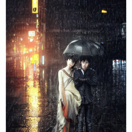 Ruan Jia, night, high detail face, young man with black hair, young beautiful woman with black hair, hold hands, Japanese, 4K, light and shadow, background is a rainy city, drenched in rain