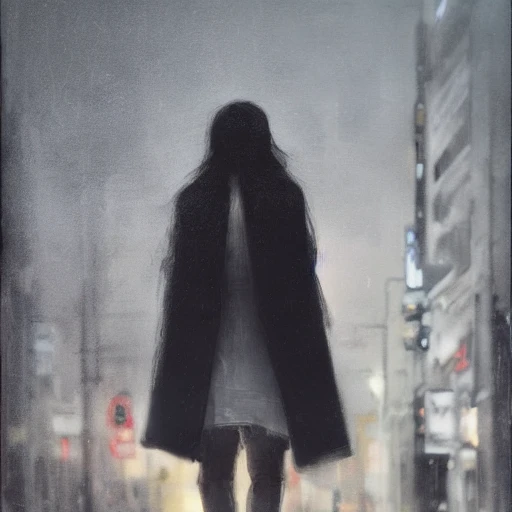 Ruan Jia, night, high detail face, black hair beautiful woman standing on the street, Japanese, 4K, light and shadow, the background is a rainy city