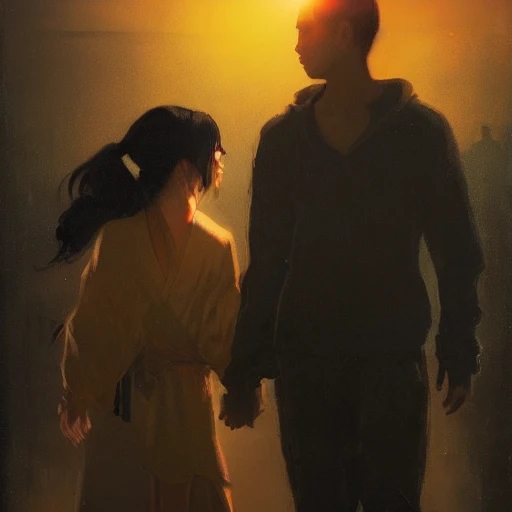 Ruan Jia, night, high detail face, young man with black hair, young beautiful woman with black hair, holding hands, Japanese, 4K, light and shadow, a city with a sunset in the background,