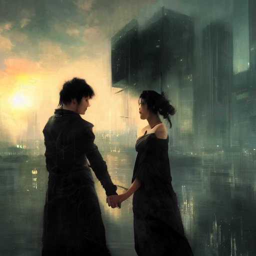 Ruan Jia, night, high detail face, young man with black hair, young beautiful woman with black hair, holding hands, Japanese, 4K, light and shadow, a city with a sunset in the background,