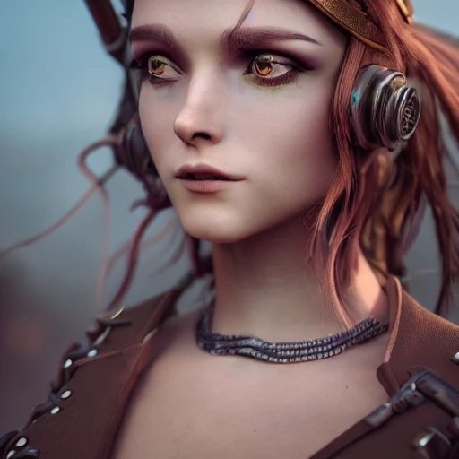 side close up portrait of 1 girl, steampunk, windblown long hair, detailed face, spotlight, steampunk city, multicolored, hyperrealistic, photografic, 8k, epic ambient light, octane render