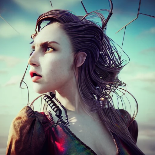 side close up portrait of 1 girl, steampunk, windblown long hair, detailed face, spotlight, steampunk city, multicolored, hyperrealistic, photografic, 8k, epic ambient light, octane render, Trippy