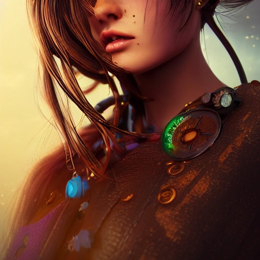 side close up portrait of 1 girl, steampunk, windblown long hair, detailed face, spotlight, steampunk city, multicolored, hyperrealistic, photografic, 8k, epic ambient light, octane render, Oil Painting