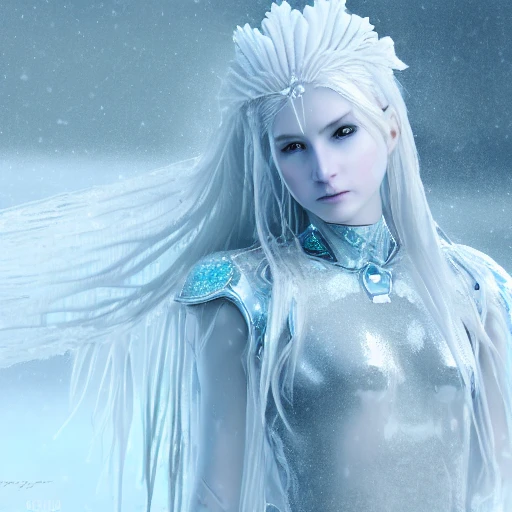 Ice goddess with beautiful face with a glowing blue crystal on her forehead, frosty white eyes, winter mist around her, white plated armor, pale textured detailed skin, white smoke:: photorealism, octane render, frostbite, 8k, cinematic, 35mm, Pencil Sketch