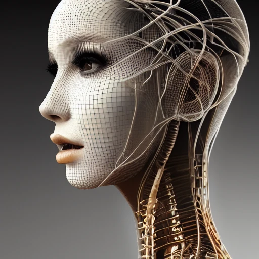 complex 3d render ultra detailed of a beautiful porcelain profile woman android face, cyborg, robotic parts, 150 mm, beautiful studio soft light, rim light, vibrant details, luxurious cyberpunk, lace, hyperrealistic, anatomical, facial muscles, cable electric wires, microchip, elegant, beautiful background, octane render, H. R. Giger style, 8k