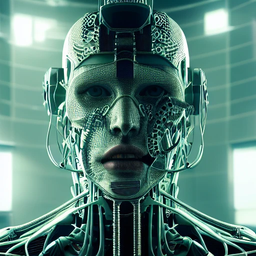 complex 3d render ultra detailed of a white man, cyborg, robotic arm, 150 mm, beautiful studio soft light, rim light, vibrant details, luxurious cyberpunk, lace, hyperrealistic, anatomical, facial muscles, cable electric wires, microchip, elegant, beautiful background, octane render, H. R. Giger style, 8k, green hair, green beard, black long coat