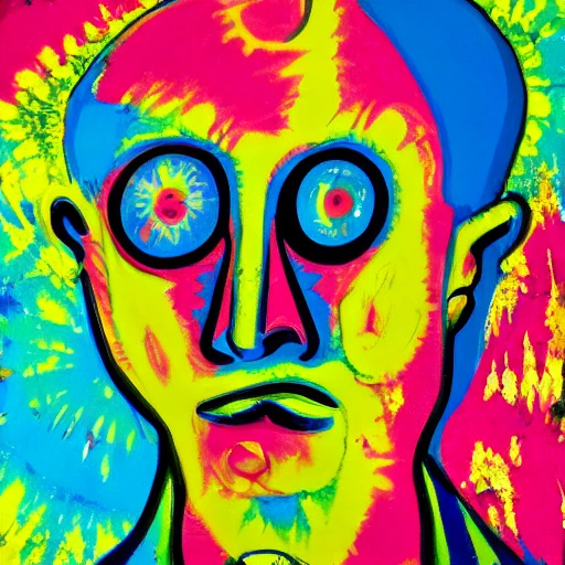 a painted portrait of a man with three eyes wearing a tie dyed shirt with a peace sign, bright colours, bold brush strokes, 1960s vibe