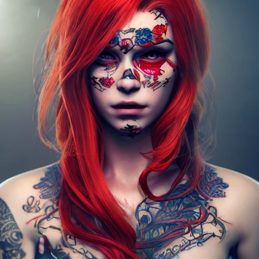 beautiful red headed women with a large tattoo on the left side of her face, deep color, fantastical, intricate detail, complementary colors, fantasy concept art, 8k resolution, hyper realistic, hyper detailed symmetric face unreal engine