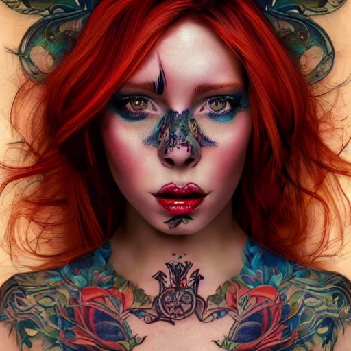 beautiful red headed women with a large tattoo on the left side of her face, deep color, fantastical, intricate detail, complementary colors, fantasy concept art, 8k resolution, hyper realistic, hyper detailed symmetric face 
