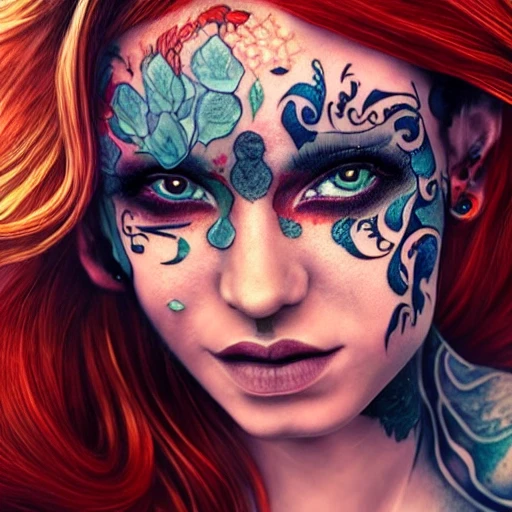 beautiful red headed women with a large tattoo on the left side of her face, deep color, fantastical, intricate detail, complementary colors, fantasy concept art, 8k resolution, hyper realistic, hyper detailed 