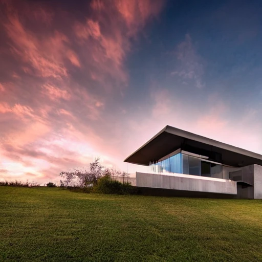 House on a hill, modern architecture, house concept, sunset, morning, stary sky, rtx lighting, cloudy sky