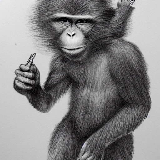, Pencil Sketch, monky use gun to starting a revolution