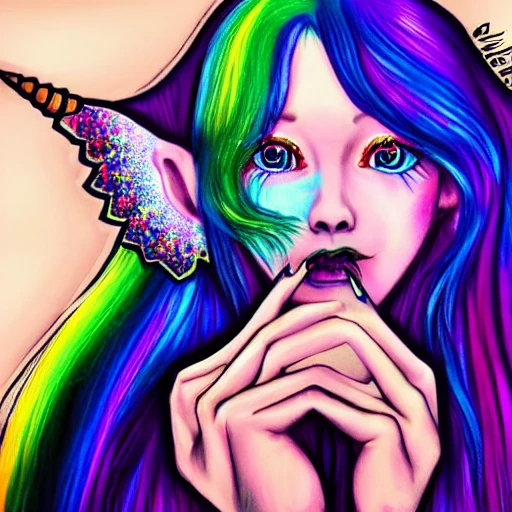 Unicorn girl with rainbow hair, painted fingernails, full body, blue eyes, high definition, beautiful, Trippy, Cartoon