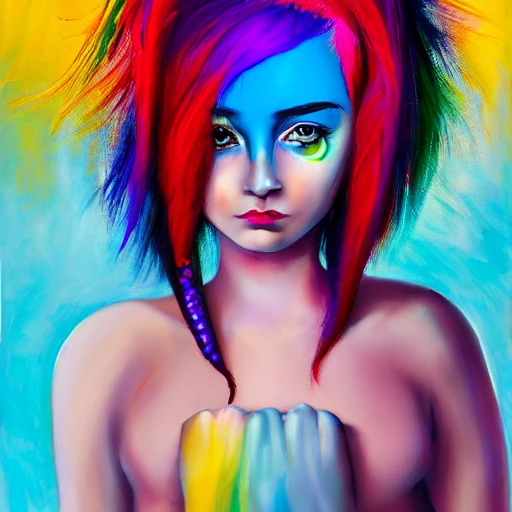 Girl with horn on head, rainbow hair, painted fingernails, full body, blue eyes, high definition, beautiful, cute, 4k, Oil Painting