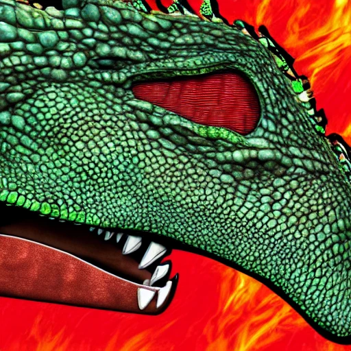 Dinosaur, giant teeth, green, red eyes, skin with dragon scales, fire tail, high definition , 3D