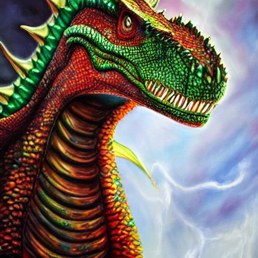 Dinosaur, giant teeth, green, red eyes, skin with dragon scales, fire tail, high definition , full body, Oil Painting, Oil Painting