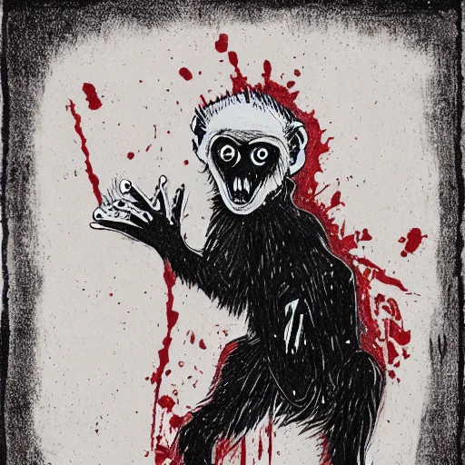 , horror art, monkey, screaming, own hands clasped, slippers, extra arms, blood, gore