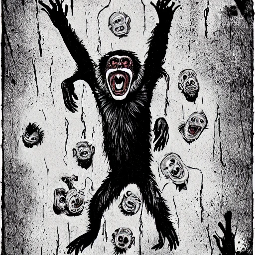 , horror art, monkey, screaming, lying on back, slippers, extra arms, extra legs, blood, gore