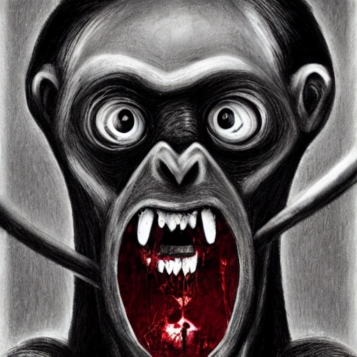 , horror art, dark theme, monkey, screaming, lying on back, slippers, extra arms, blood, gore
