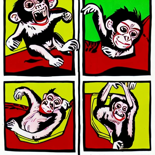 , pop art, monkey, screaming, lying on back, slippers, extra arms, extra legs, blood, gore