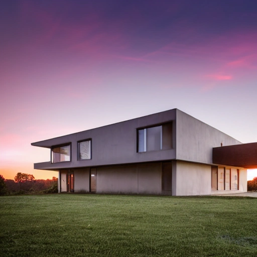 House on a hill, modern architecture, house concept, sunset, morning, stary sky, rtx lighting, cloudy sky