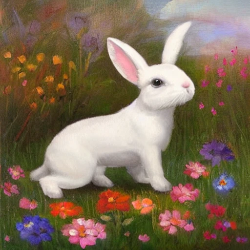 small white dog in a field of flowers surrounded by cute bunny rabbits, Oil Painting