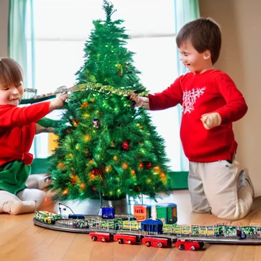 small children playing with a train set around a christmas tree, Water Color